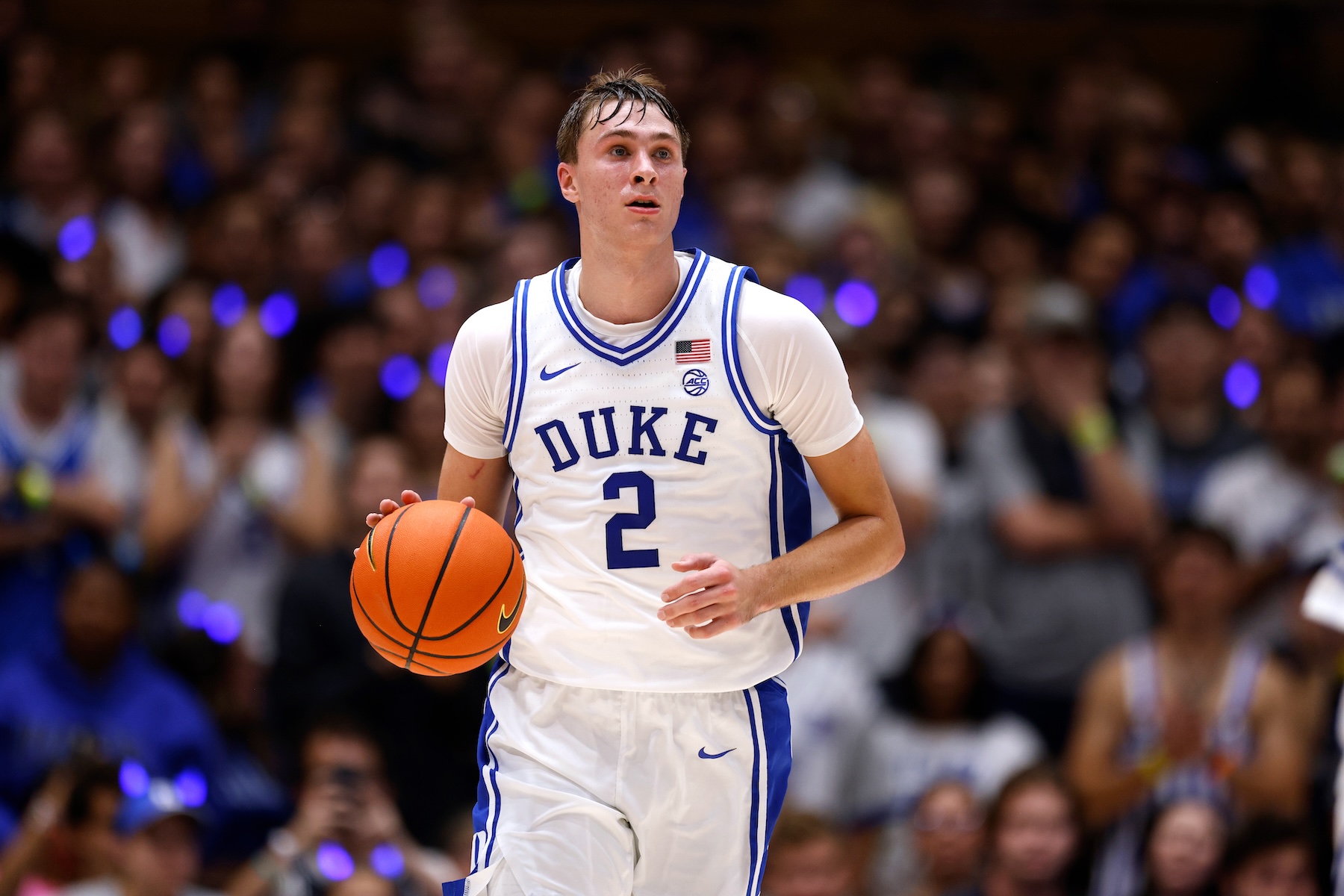 Cooper Flagg of the Duke Blue Devils dribbles up the court at Cameron Indoor Stadium on October 4, 2024 in Durham, North Carolina.