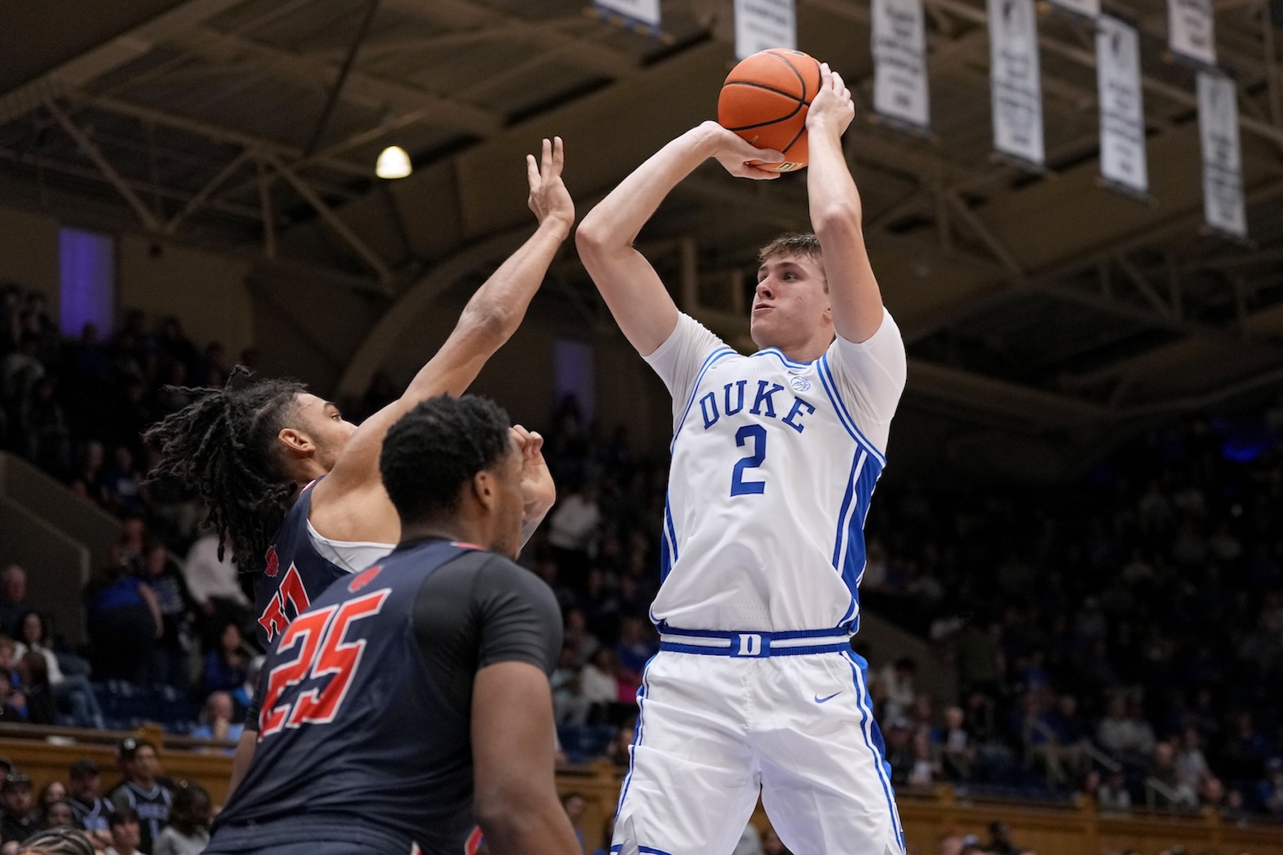 Cooper Flagg of the Duke Blue Devils shoots against the Lincoln Lions at Cameron Indoor Stadium.