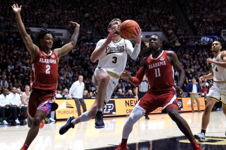 Purdue basketball player Braden Smith drives to the hoop versus the Alabama Crimson Tide.