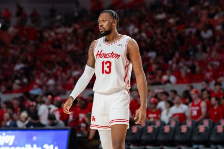 Houston forward J'Wan Roberts stands on the court during a game