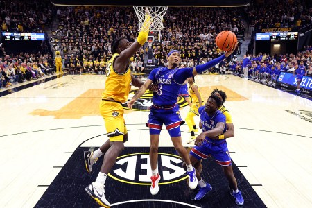 Dajuan Harris Jr. tosses a lay-up during Kansas's Sunday night upset loss to Missouri