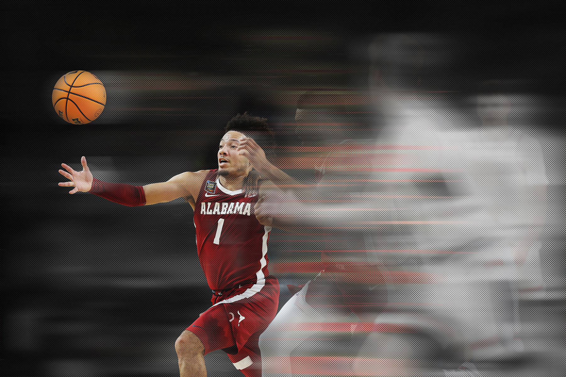 Alabama Crimson Tide basketball player Mark Sears races down the court.