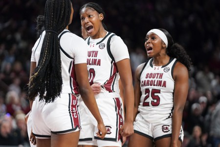 South Carolina Gamecocks Raven Johnson and Sania Feagin react to a basket