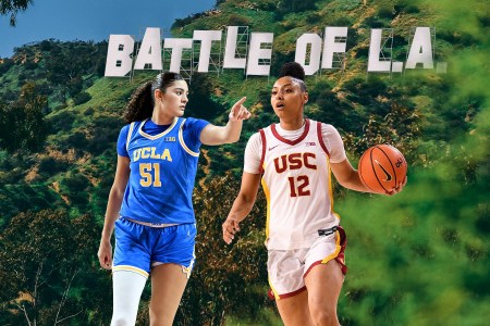 Lauren Betts and JuJu Watkins in front of a "Battle of L.A." graphic