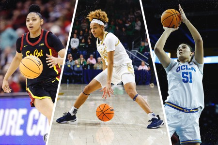 Three top women's college basketball players. From left to right, JuJu Watkins, Hannah Hidalgo and Lauren Betts.