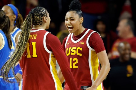 USC women's basketball star JuJu Watkins celebrates during her team's victory over UCLA, February 13, 2025